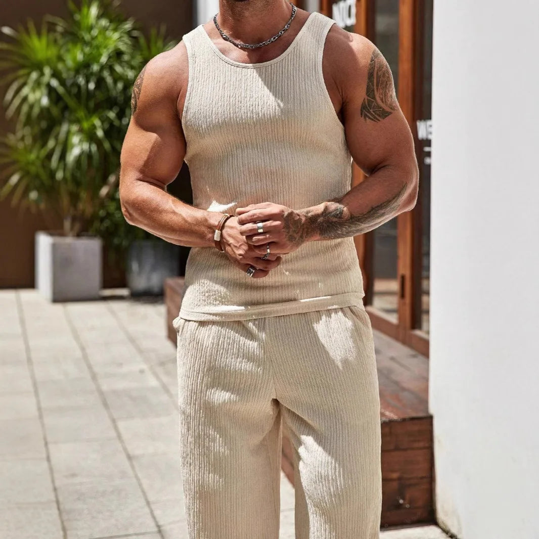 2026 Spring Summer Men's Slim Fit Tank Top Gym Vest Set Sport Suit Tracksuit Bodybuilding Muscle Tops Blouse