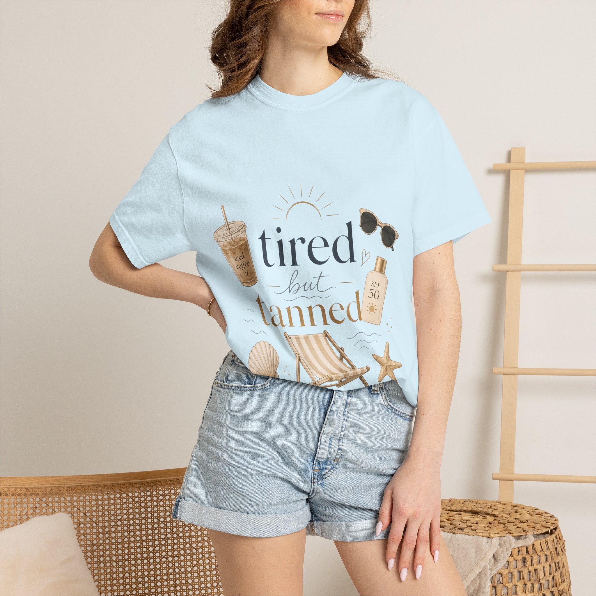 T-shirt — "Tired But Tanned" Beach Graphic Tee
