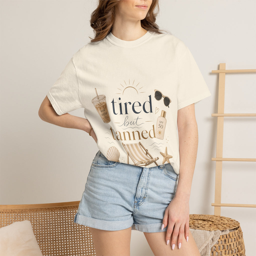 T-shirt — "Tired But Tanned" Beach Graphic Tee