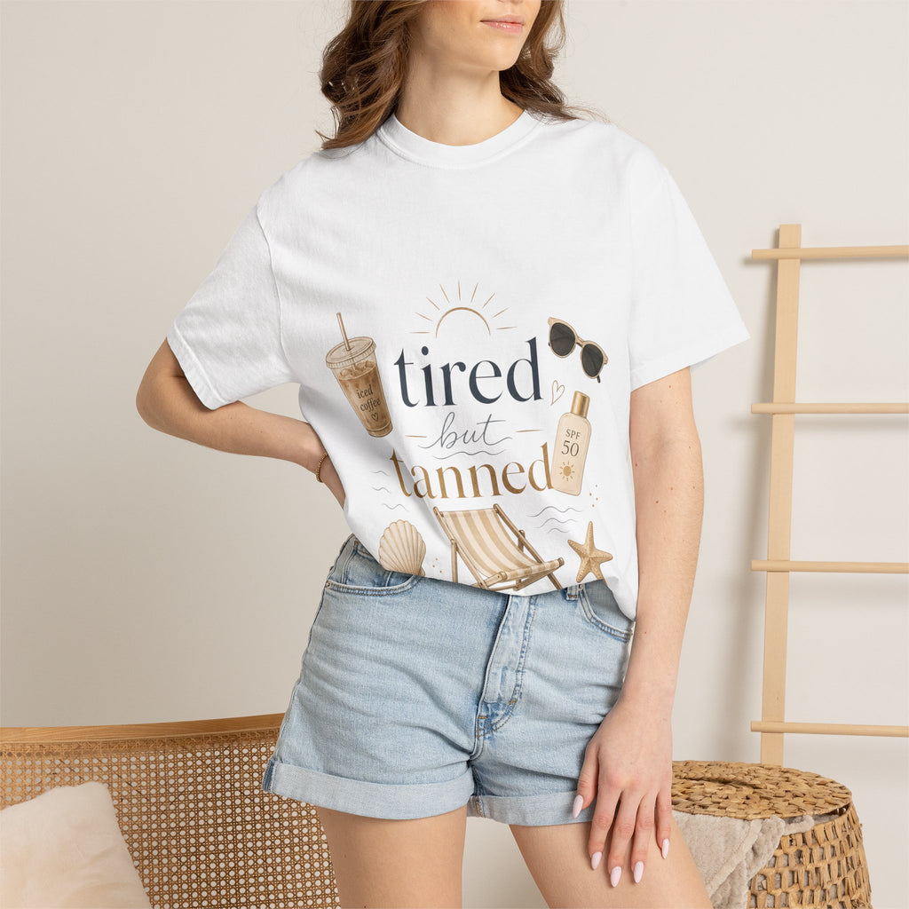 T-shirt — "Tired But Tanned" Beach Graphic Tee