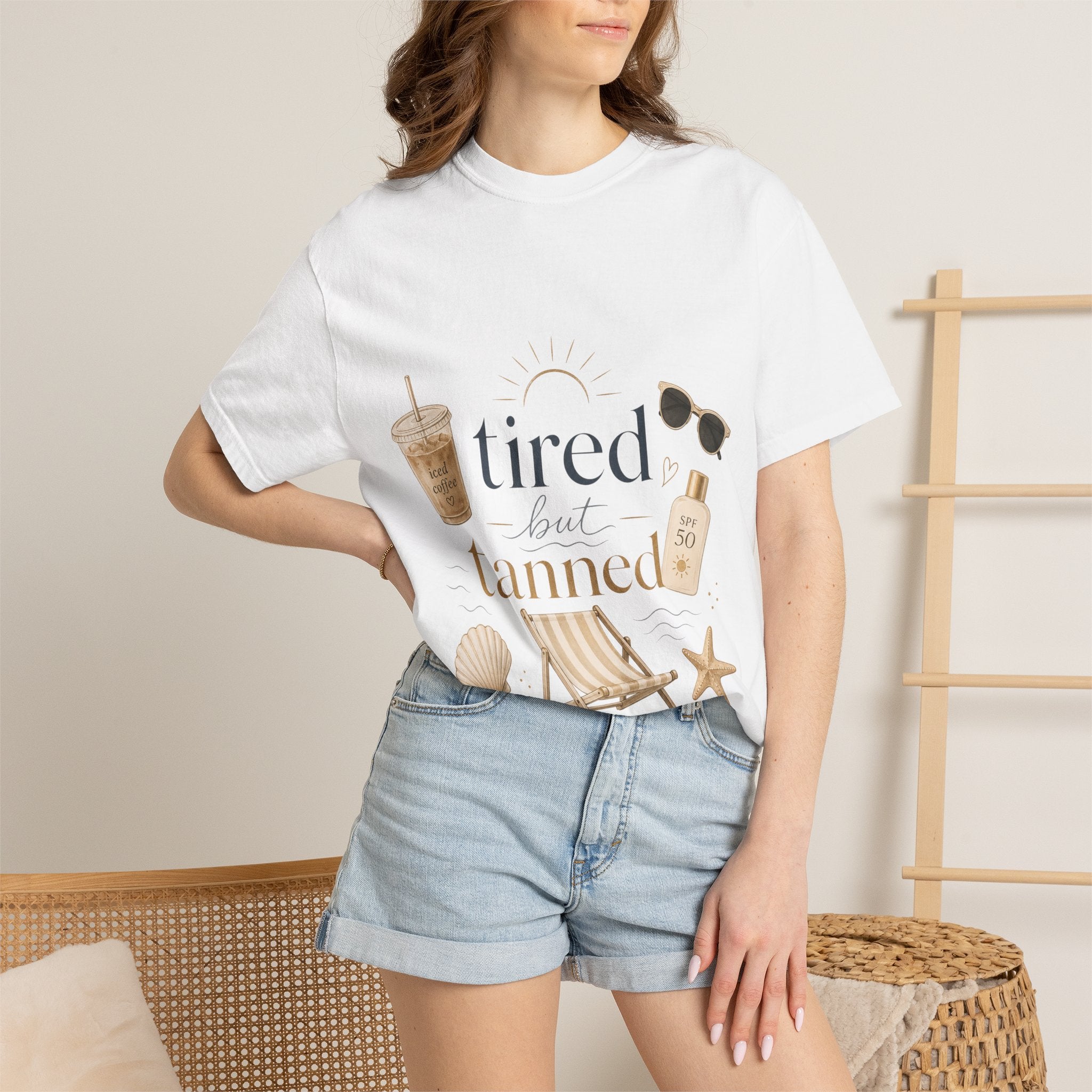 T-shirt — "Tired But Tanned" Beach Graphic Tee
