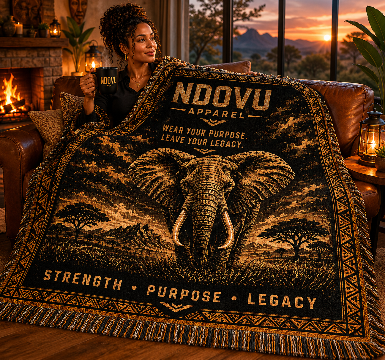 Woven Blanket — Ndovu Elephant Throw Blanket with "Strength • Purpose • Legacy" Design