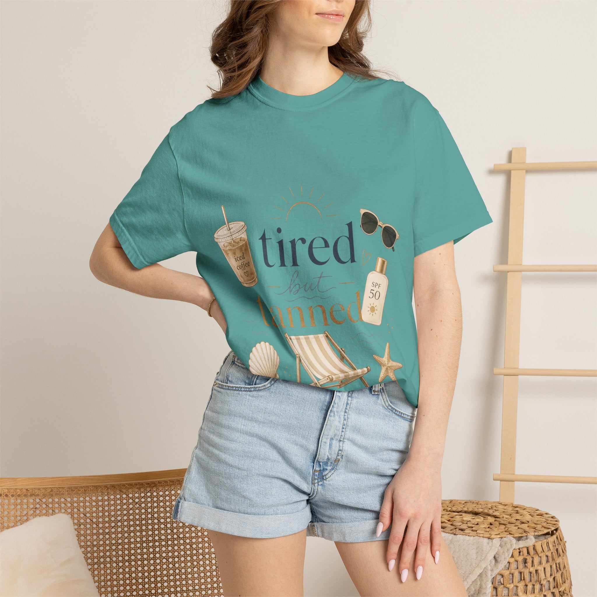 T-shirt — "Tired But Tanned" Beach Graphic Tee