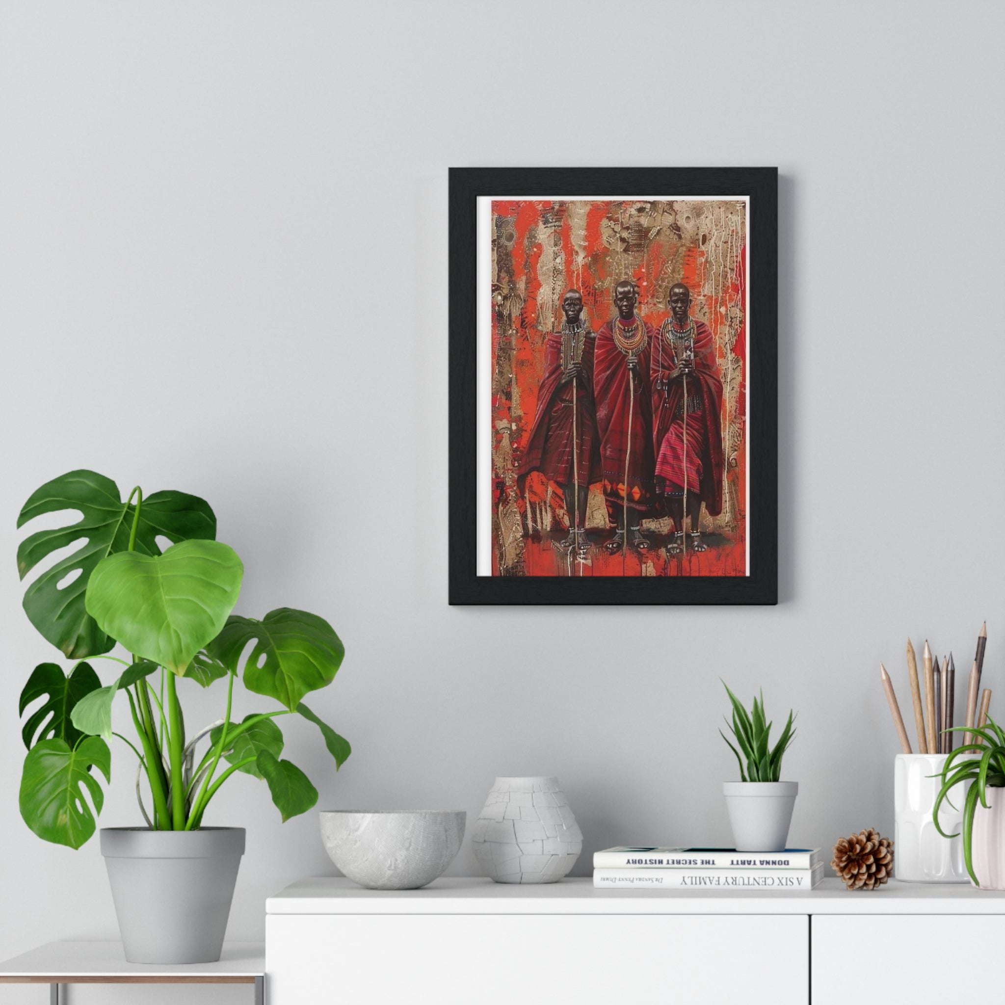 Maasai Warriors Vertical Framed Poster – Tribal Red Art Print