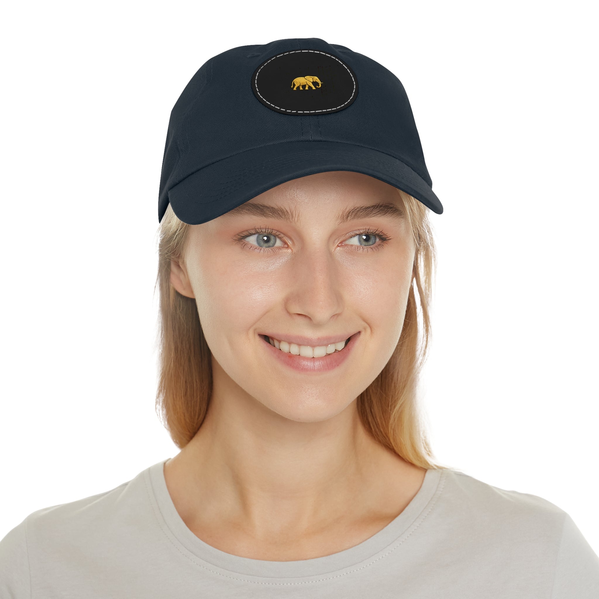 Ndovu Embroidered Gold Elephant Leather Patch Dad Hat