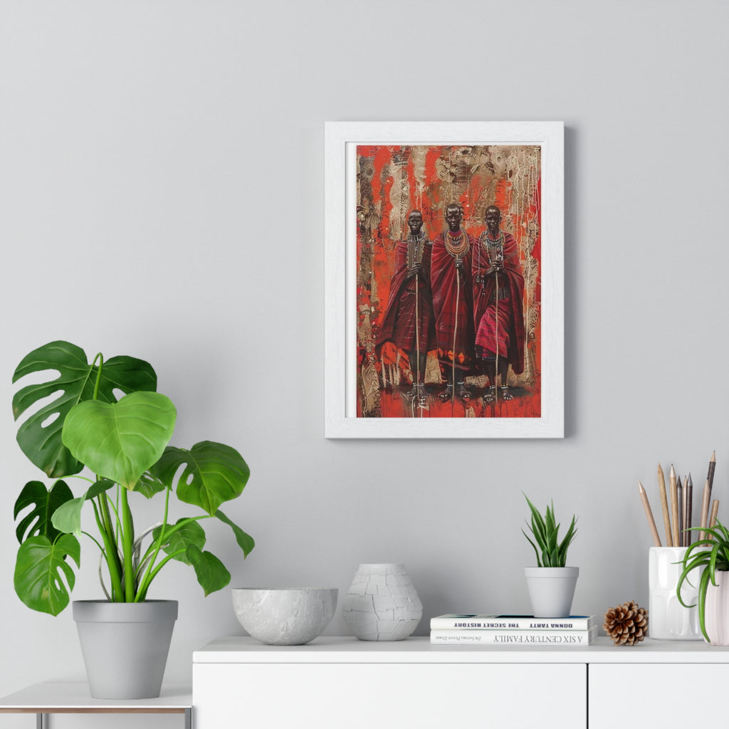 Maasai Warriors Vertical Framed Poster – Tribal Red Art Print