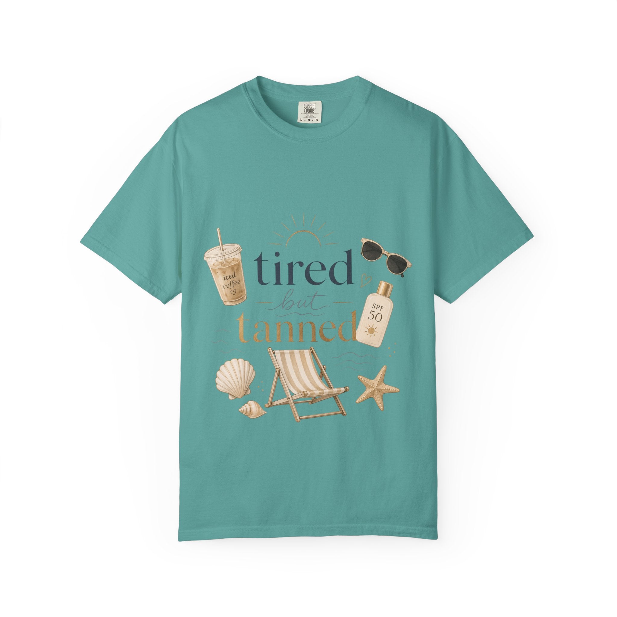 T-shirt — "Tired But Tanned" Beach Graphic Tee