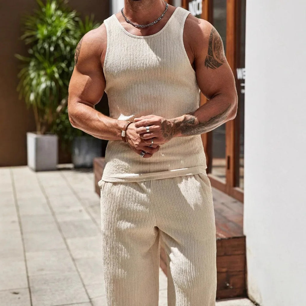 2026 Spring Summer Men's Slim Fit Tank Top Gym Vest Set Sport Suit Tracksuit Bodybuilding Muscle Tops Blouse