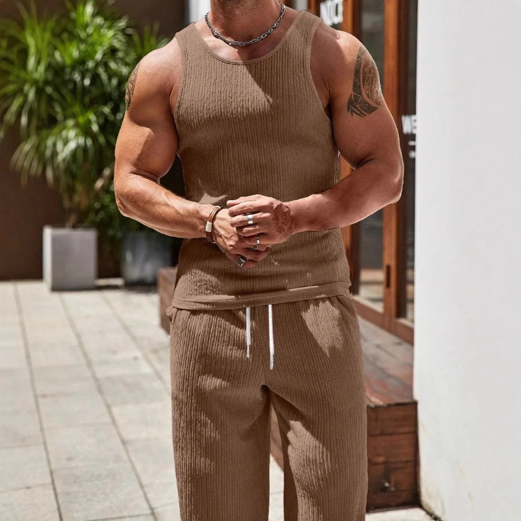 2026 Spring Summer Men's Slim Fit Tank Top Gym Vest Set Sport Suit Tracksuit Bodybuilding Muscle Tops Blouse